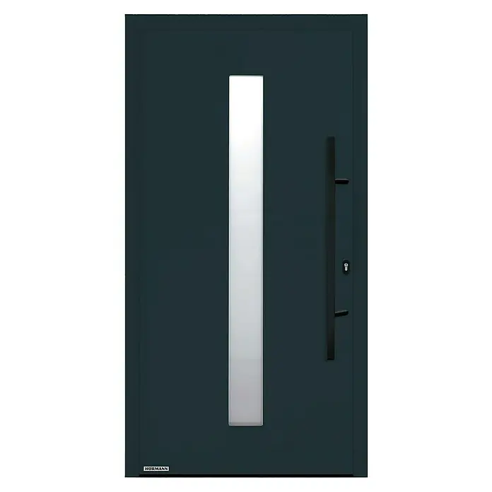 Hörmann EcoStar Haustür THP 610S A3 - 110 x 210 cm, DIN Anschlag: Rechts, Anthrazitgrau - Eine moderne Haustür in Dunkelblau mit einem länglichen Fenster in der Mitte und einem schwarzen Türgriff an der Seite.