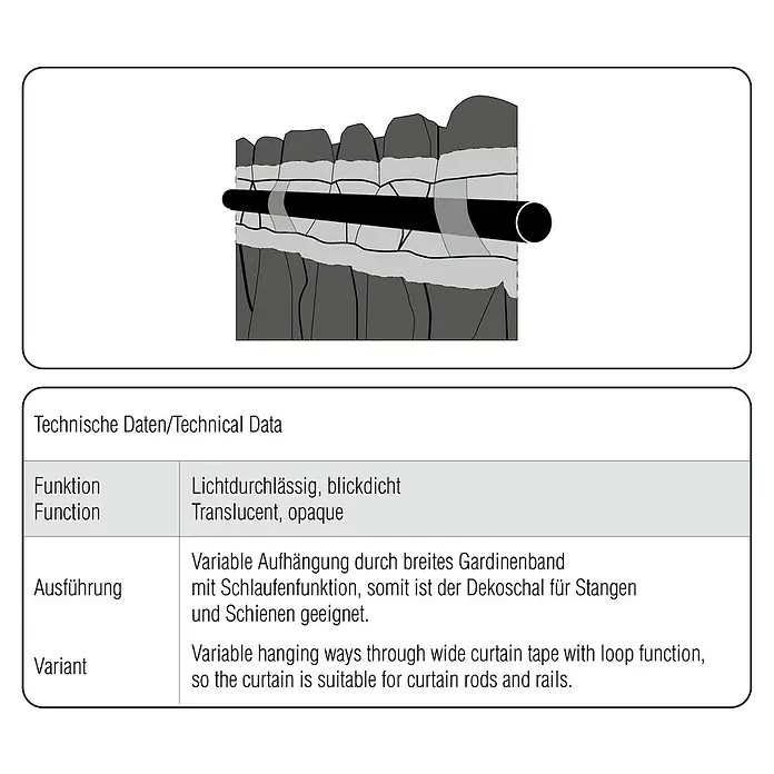 Schlaufenschal Dimout - B x H: 245 x 140 cm, Polyester, Taupe - Schematische Darstellung eines Vorhangs mit variabler Aufhängung für Stangen und Schienen.