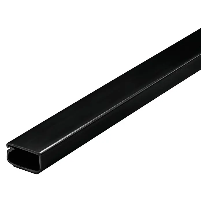 Inofix Canaleta para cables adhesiva con tapa bisagra - L x An x Al: 200 x 2,1 x 1,15 cm, Negro - Esta imagen muestra una canaleta de gestión de cables negra, utilizada para organizar y proteger cables en diversos entornos. Optimiza la organización.