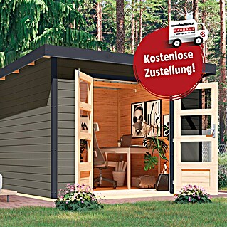 Karibu Gartenhaus Hybride Pluto B (Außenmaß inkl. Dachüberstand (B x T): 309 x 309 cm, Fichte/ Metall, Terragrau/ Anthrazit)