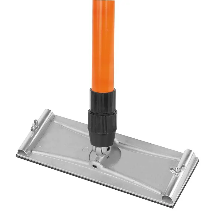 Mondelin Schleifbrett mit Alu-Stiel - Aluminium - Metallsandblock mit schwarzem Drehverbinder und orangefarbenem Stiel für Oberflächenbearbeitung.