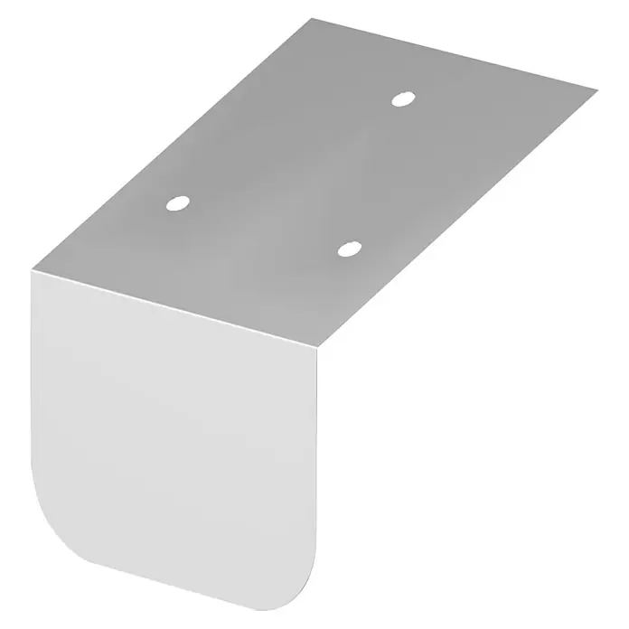 Sarei Dachrinnenhalter Konsole - L x B x H: 110 x 100 x 135 mm, Aluminium, Silber - Nahaufnahme eines Eckstücks für eine Dachrinne in Silber, mit abgerundeten Kanten und Befestigungslöchern.