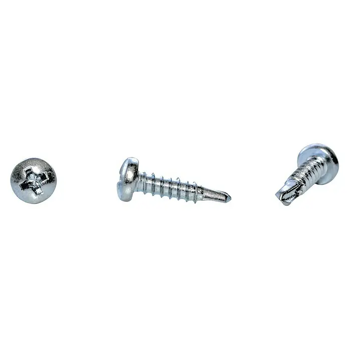 Sarei Schrauben Konsolenträger - 3,9 mm, Verzinkt, 25 Stk. - Nahaufnahme von drei selbstbohrenden Schrauben mit Kreuzschlitzkopf, ideal für Metallarbeiten und Befestigungen.