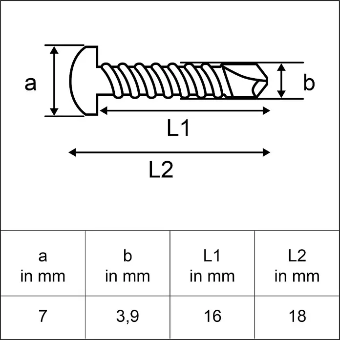 Sarei Schrauben Konsolenträger - 3,9 mm, Verzinkt, 25 Stk. - Abbildung einer Senkkopfschraube mit den Abmessungen a=7mm, b=3,9mm, L1=16mm und L2=18mm zur Befestigung verschiedener Werkstoffe.