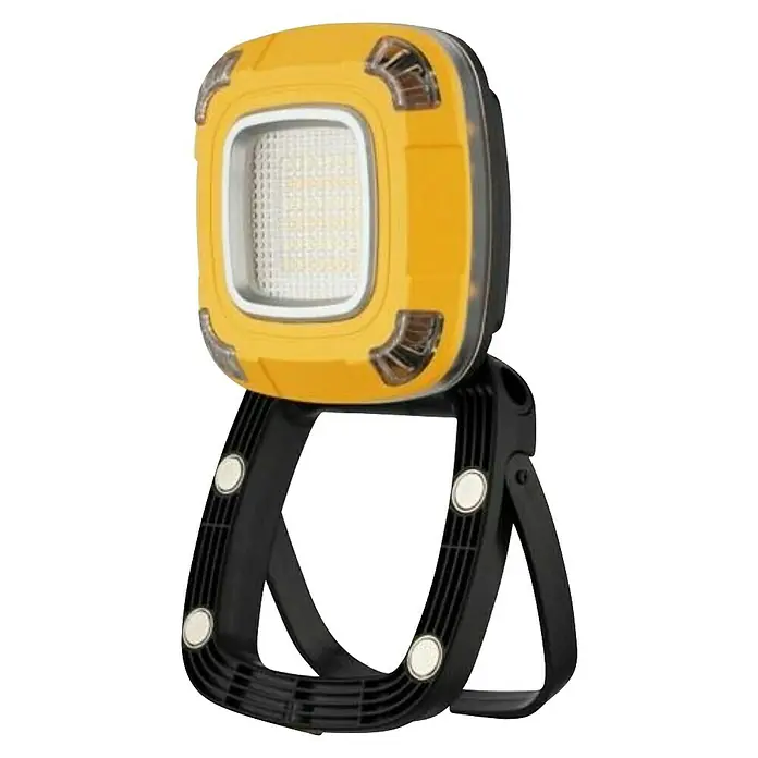 Campinglampe - 108 x 111 x 50 mm, 2.000 lm, IP44 - Gelbe LED-Arbeitsleuchte mit schwarzem Ständer und Magneten. Ideal für Baustellen oder den Heimgebrauch. Helles Licht für sicheres Arbeiten.