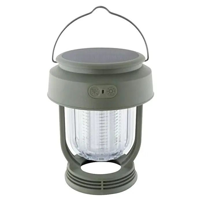 Campinglampe - IPX4 - Bild einer olivgrünen Laterne mit einem Metallbügel und einem Solarpanel oben, ideal für Outdoor-Beleuchtung und Camping.