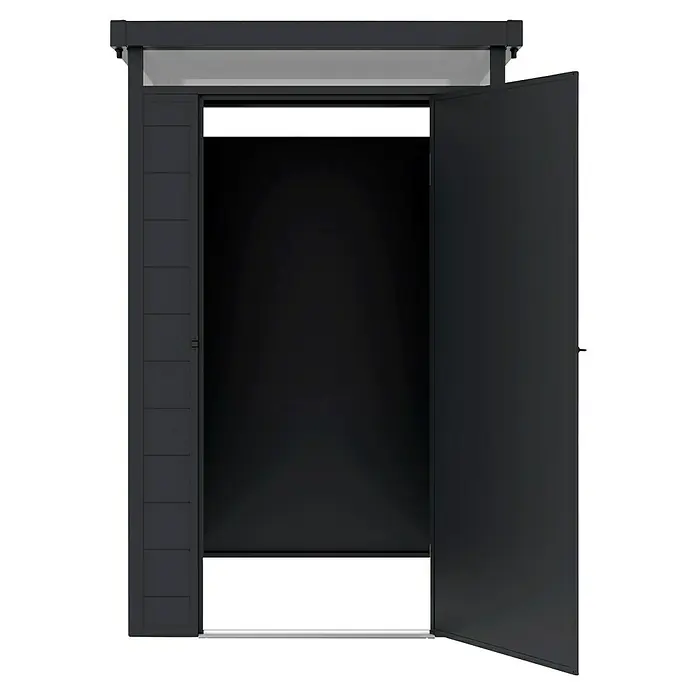 Hoggar Gartenhaus Nova - Außenmaß inkl. Dachüberstand (B x T): 131 x 190 cm, Kunststoff, Schwarz - Das Bild zeigt einen modernen, grauen Geräteschuppen mit geöffneten Türen, der einen dunklen Innenraum enthüllt. Praktisch und stilvoll.