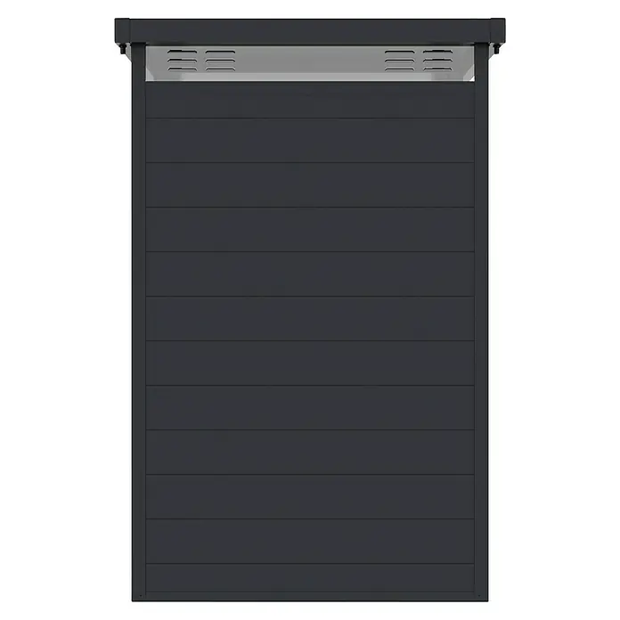 Hoggar Gartenhaus Nova - Außenmaß inkl. Dachüberstand (B x T): 131 x 190 cm, Kunststoff, Schwarz - Das Bild zeigt ein graues Rolltor mit horizontalen Lamellen, das sich für Garagen oder Lagerräume eignet. Das Rolltor ist stabil und sicher.