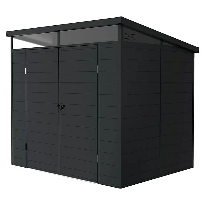 Hoggar Caseta de jardín Nova - Medidas ext. (An x Pr): 238 x 192 cm, Plástico, Antracita - La imagen muestra un cobertizo de jardín moderno, color antracita, con doble puerta y tragaluz, perfecto para guardar herramientas.