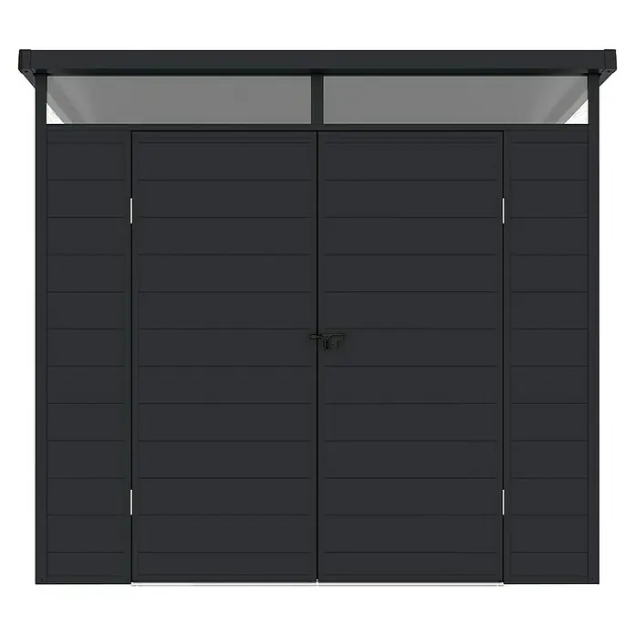 Hoggar Caseta de jardín Nova - Medidas ext. (An x Pr): 238 x 192 cm, Plástico, Antracita - Imagen de una moderna puerta doble gris con paneles horizontales y travesaños, ideal para garajes o espacios de almacenamiento.