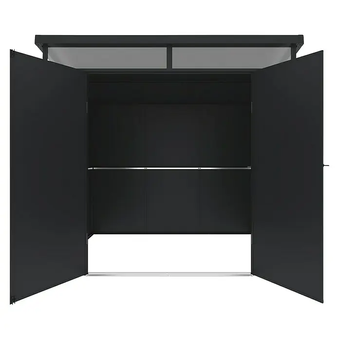 Hoggar Caseta de jardín Nova - Medidas ext. (An x Pr): 238 x 192 cm, Plástico, Antracita - Armario moderno abierto en acabado oscuro con dos estantes y un diseño minimalista.
