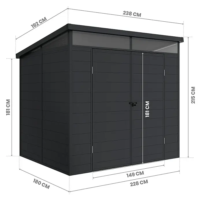Hoggar Caseta de jardín Nova - Medidas ext. (An x Pr): 238 x 192 cm, Plástico, Antracita - Cobertizo de jardín gris oscuro con dimensiones indicadas.