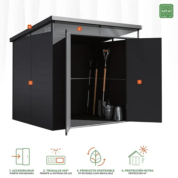 Hoggar Caseta de jardín Nova - Medidas ext. (An x Pr): 238 x 192 cm, Plástico, Antracita - Imagen de un cobertizo de jardín grande y negro con puertas dobles y notas sobre las características del producto.