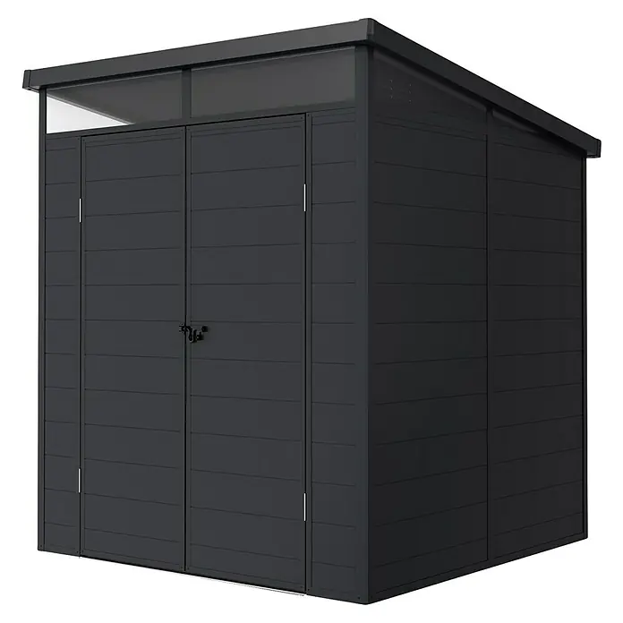Hoggar Gartenhaus Nova - Außenmaß inkl. Dachüberstand (B x T): 190 x 192 cm, Kunststoff, Schwarz - Ein geräumiger Geräteschuppen in Anthrazit mit Doppeltür und Oberlicht für Gartenwerkzeug und -möbel.