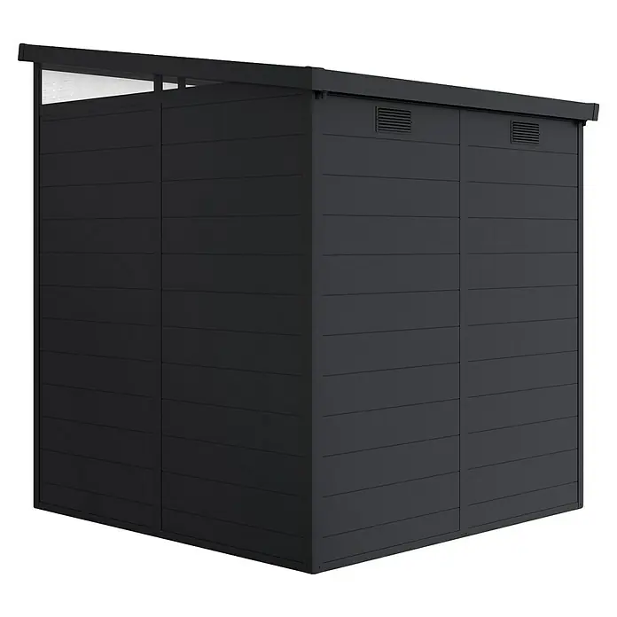 Hoggar Gartenhaus Nova - Außenmaß inkl. Dachüberstand (B x T): 190 x 192 cm, Kunststoff, Schwarz - Ein modernes Gerätehaus in Anthrazit mit horizontalen Linien und Lüftungsschlitzen. Ideal für die Gartenaufbewahrung und stilvolle Organisation im Außenbereich.