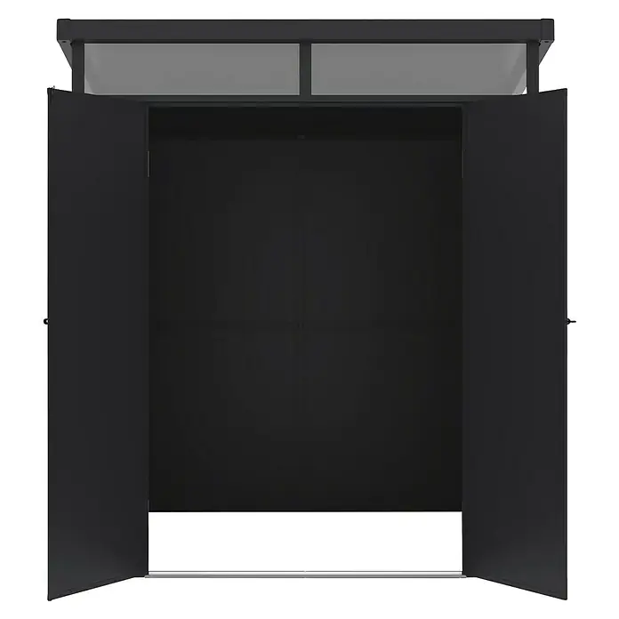 Hoggar Gartenhaus Nova - Außenmaß inkl. Dachüberstand (B x T): 190 x 192 cm, Kunststoff, Schwarz - Ein geöffneter, moderner Schrank mit dunklem Interieur und Oberlichtern für zusätzliche Beleuchtung.
