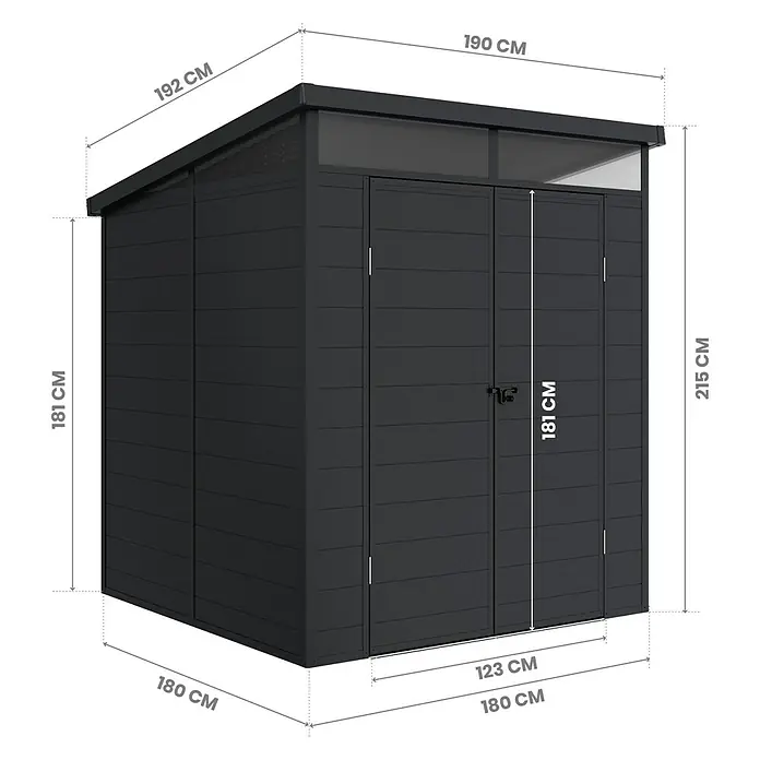 Hoggar Gartenhaus Nova - Außenmaß inkl. Dachüberstand (B x T): 190 x 192 cm, Kunststoff, Schwarz - Dunkelgraues Gartenhaus mit Pultdach und Doppeltüren.