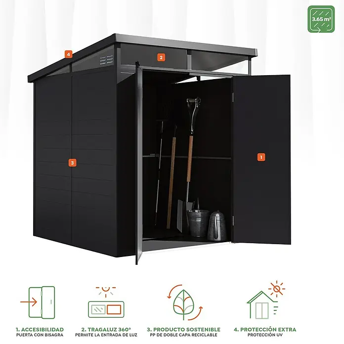 Hoggar Caseta de jardín Nova - Medidas ext. (An x Pr): 190 x 192 cm, Plástico, Antracita - Imagen de un cobertizo de herramientas negro con la puerta abierta, que muestra el espacio de almacenamiento y las herramientas de jardinería en el interior.