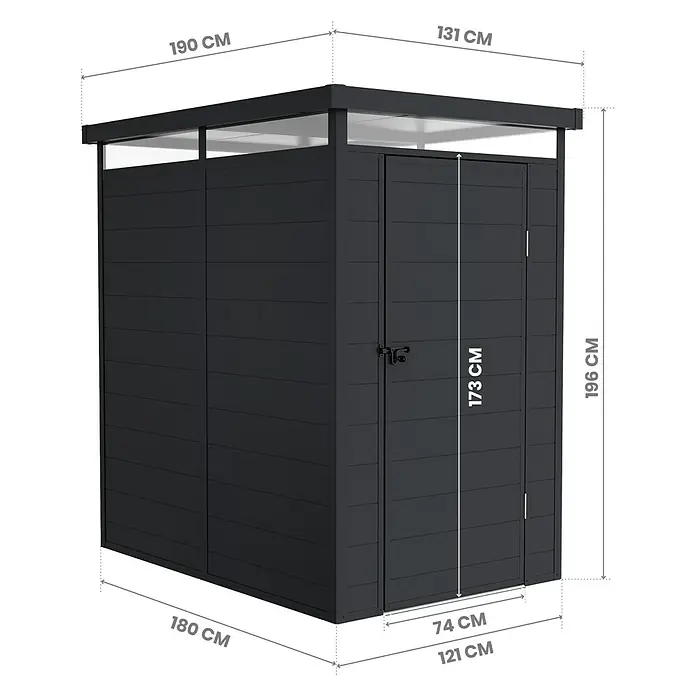 Hoggar Gartenhaus Nova - Außenmaß inkl. Dachüberstand (B x T): 131 x 190 cm, Kunststoff, Schwarz - Dunkelgrauer Gartenhaus mit transparenten Dachpaneelen und Maßen.