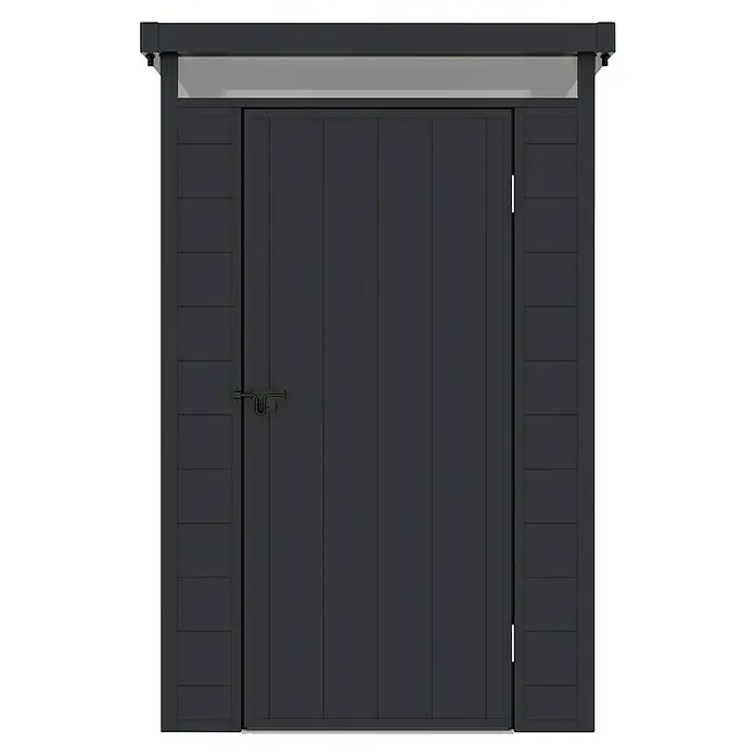 Hoggar Gartenhaus Nova - Außenmaß inkl. Dachüberstand (B x T): 131 x 190 cm, Kunststoff, Schwarz - Bild eines modernen Geräteschuppens mit einer soliden Tür und einem robusten Riegel, ideal für die Gartenaufbewahrung.