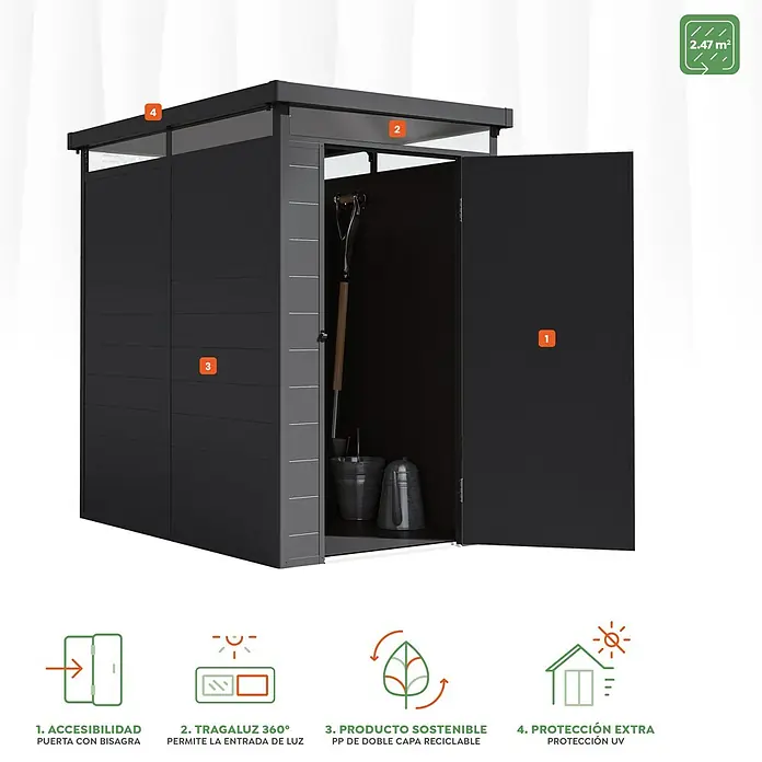 Hoggar Caseta de jardín Nova - Medidas ext. (An x Pr): 131 x 190 cm, Plástico, Antracita - Imagen de un cobertizo de herramientas negro con una puerta abierta, que ofrece almacenamiento y protección contra el clima. La caseta tiene protección UV.