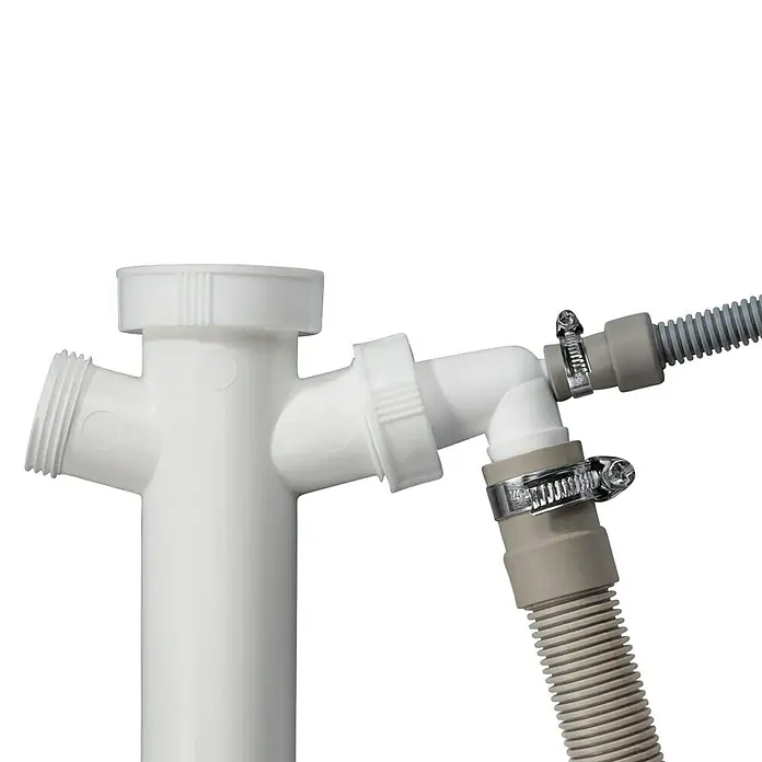 Xavax Ablaufschlauch - Gesamtumfang: 7 -tlg. - Weiße PVC-Installationsverbindung für Spül- oder Waschmaschinenablaufschlauch, mit T-Stück und grauem Wellschlauch mit Metallschellen.