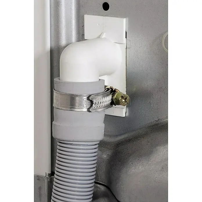Xavax Schlauchschelle - Durchmesser: 20 mm - 32 mm, 10 Stk. - Waschmaschinen-Ablaufschlauchanschluss mit weißem PVC-Bogen, grauem Adapter und Metallschelle, die den grauen Wellschlauch sichert.