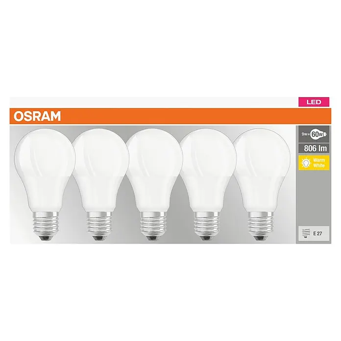 Osram Set de bombillas LED A60 - E27, No regulable, Blanco cálido, 806 lm, 9 W, 5 ud. - Imagen de una bombilla LED OSRAM con base E27, potencia de 9W equivalente a 60W, 806 lúmenes y luz blanca cálida para iluminación agradable.