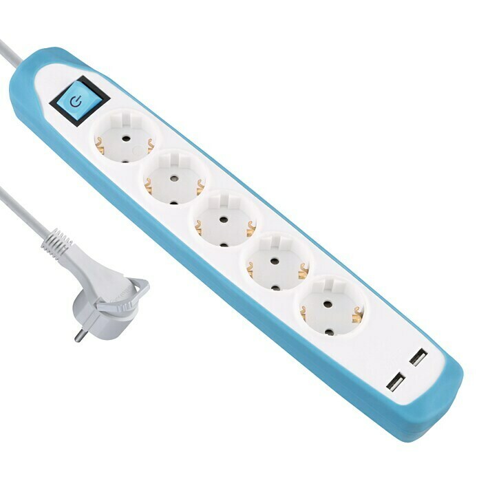 Electraline Base de enchufe múltiple con USB Gummy (5, Blanco/Azul, Longitud del cable: 2 m)