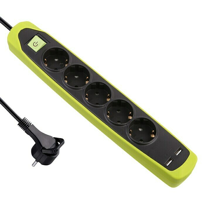 Electraline Base de enchufe múltiple con USB Gummy (5, Negro/Verde, Longitud del cable: 2 m)