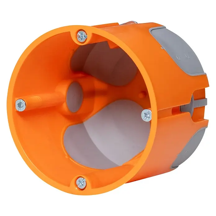 F-tronic Hohlwanddose 7360045 Typ E3500 winddicht - 68 x 62 mm, Orange, 25 Stk. - Nahaufnahme einer orangefarbenen Gerätedose mit Befestigungsschrauben und grauen Details, die für Elektroinstallationen verwendet wird.