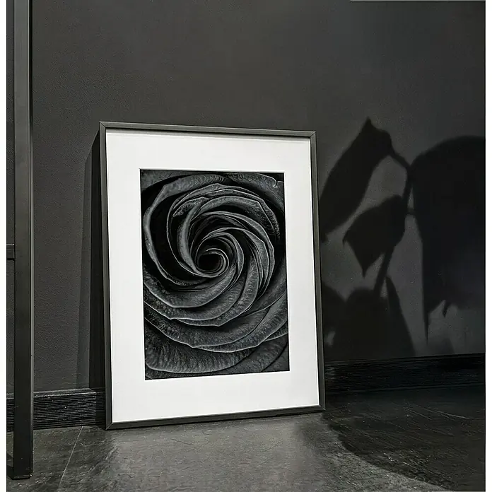 Accent Alurahmen Premium - 30 x 40 cm, Schwarz Matt - Schwarze Rosenkunstdruck in einem schlichten Rahmen, der eine elegante und moderne Note verleiht.