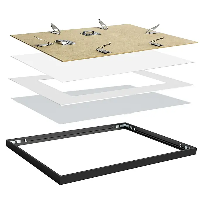 Accent Alurahmen Premium - 30 x 40 cm, Schwarz Matt - Explosionsansicht eines Bilderrahmen-Sets mit Rückwand, Aufhängern, Papier und Rahmen. Ideal zum Präsentieren von Kunstwerken.