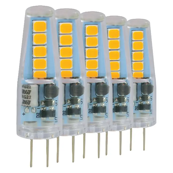 LED-Lampe - G4, Nicht Dimmbar, Warmweiß, 100 lm, 1 W, 5 Stk. - Fünf klare LED G4 Leuchtmittel mit gelben Chips und silbernen Pins, ideal für Niedervoltbeleuchtung.
