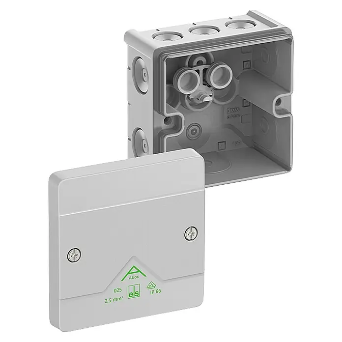 Spelsberg Feuchtraum-Abzweigdose Abox - 87 x 87 x 52 mm, Aufputz, IP66 - Aufnahme einer Abox 025 ls Abzweigdose in hellgrau mit Deckel offen, Kabeldose für Elektroinstallation, IP66 Schutz.