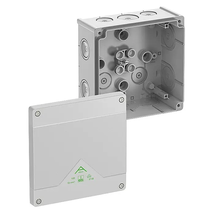 Spelsberg Feuchtraum-Abzweigdose Abox - 152 x 152 x 80 mm, Aufputz, IP66 - Ein grauer Abzweigkasten mit offenem Deckel, der die Innenseite des Kastens zeigt, inklusive verschiedener Aussparungen für Kabeldurchführungen.