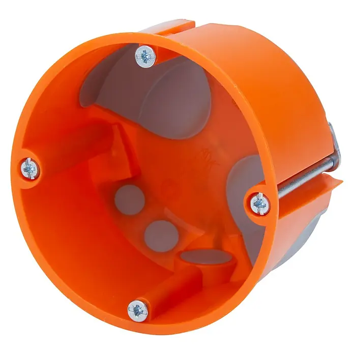 F-tronic Hohlwanddose E2700 winddicht - 68 x 47 mm, Orange, 25 Stk. - Nahaufnahme einer orangefarbenen, runden Elektroinstallationsdose mit Befestigungsschrauben und Kabeleinführungen.