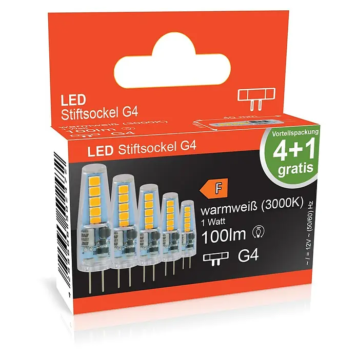 LED-Lampe - G4, Nicht Dimmbar, Warmweiß, 100 lm, 1 W, 5 Stk. - Vorteilspackung mit 5 warmweißen (3000K) LED Stiftsockel G4 Leuchtmitteln, 1W, 100lm, 12V, Energieeffizienzklasse F, 360° Abstrahlwinkel.