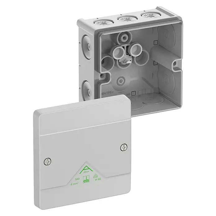Spelsberg Feuchtraum-Abzweigdose Abox - 102 x 102 x 57 mm, Aufputz, IP66 - Eine graue Abzweigdose mit Deckel, die Schutz vor Umwelteinflüssen bietet, ideal für elektrische Installationen im Innen- und Außenbereich.