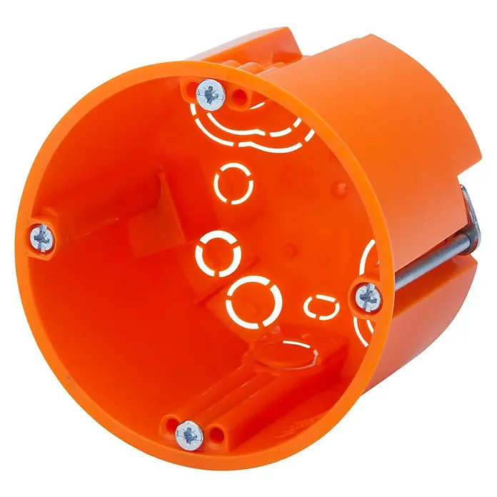 F-tronic Hohlwanddose Typ E117 - 68 x 61 mm, Orange, 25 Stk. - Orangefarbene runde Installationsdose mit Schrauben und Aussparungen. Geeignet für Elektroinstallationen in Wänden und Decken.