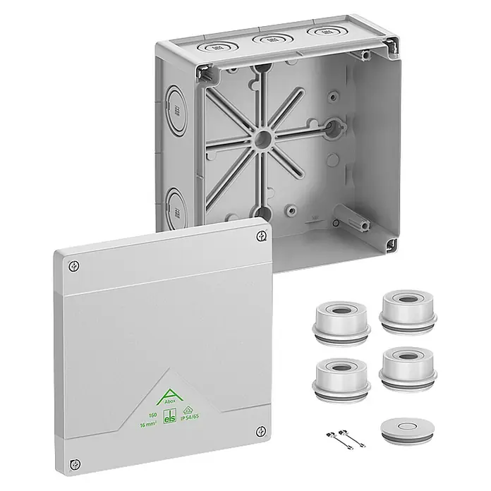 Spelsberg Feuchtraum-Abzweigdose Abox - 182 x 182 x 90 mm, Aufputz, IP66 - Aufnahme eines Abox-Verteilerkastens, der für elektrische Installationen verwendet wird, zusammen mit dazugehörigen Dichtungen und Befestigungsmaterial.