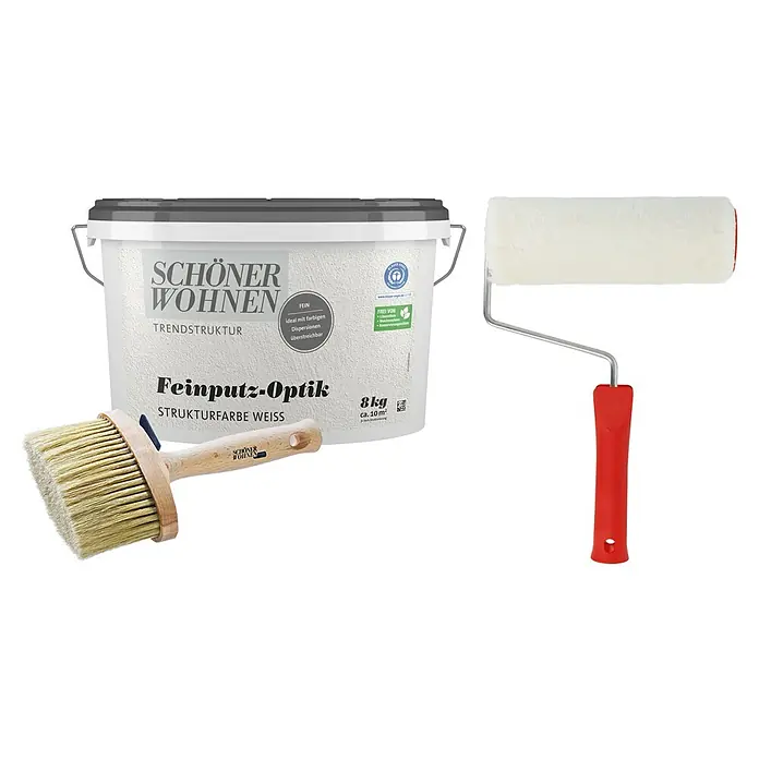SCHÖNER WOHNEN-Farbe Trendstruktur Dekoputz-Set Feinputz-Optik - 3 -tlg., 8 kg, Korngröße: Fein - Farbeimer "Schöner Wohnen Feinputz-Optik", ein Pinsel und eine Farbwalze. Ideal für die Gestaltung von Innenräumen mit Trendstruktur.