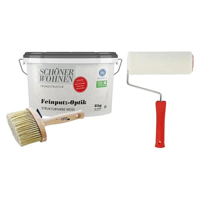 SCHÖNER WOHNEN-Farbe Trendstruktur Dekoputz-Set Feinputz-Optik - 3 -tlg., 8 kg, Korngröße: Sehr Fein - Farbtopf mit Feinputz-Optik Strukturfarbe Weiß, Pinsel und Farbroller für Innenrenovierung.