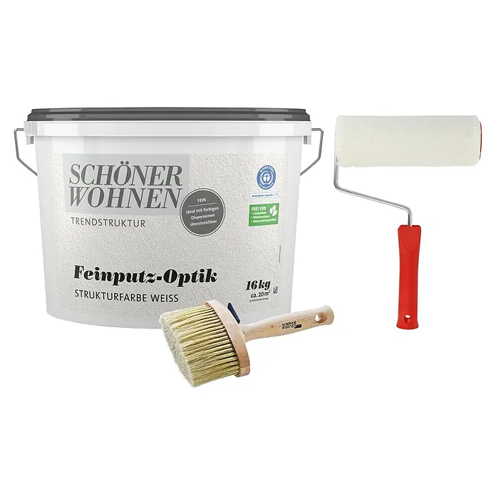 SCHÖNER WOHNEN-Farbe Trendstruktur Dekoputz-Set Feinputz-Optik - 3 -tlg., 16 kg, Korngröße: Fein - Farbtopf "Schöner Wohnen Feinputz-Optik", Strukturfarbe Weiß, mit Farbroller und Pinsel für die Wandgestaltung.