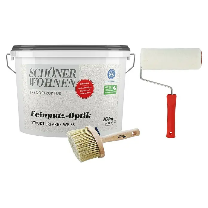 SCHÖNER WOHNEN-Farbe Trendstruktur Dekoputz-Set Feinputz-Optik - 3 -tlg., 16 kg, Korngröße: Sehr Fein - Produktbild: Eimer Schönere Wohnen Feinputz-Optik Strukturfarbe Weiss mit Pinsel und Farbroller.