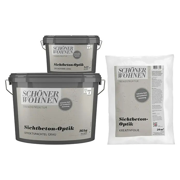 SCHÖNER WOHNEN-Farbe Trendstruktur Dekoputz-Set Sichtbeton-Optik - 3 -tlg. - Produktansicht von Schöner Wohnen Trendstruktur Sichtbeton-Optik Grundfarben, Effektspachtel und Kreativfolie für moderne Wandgestaltung.