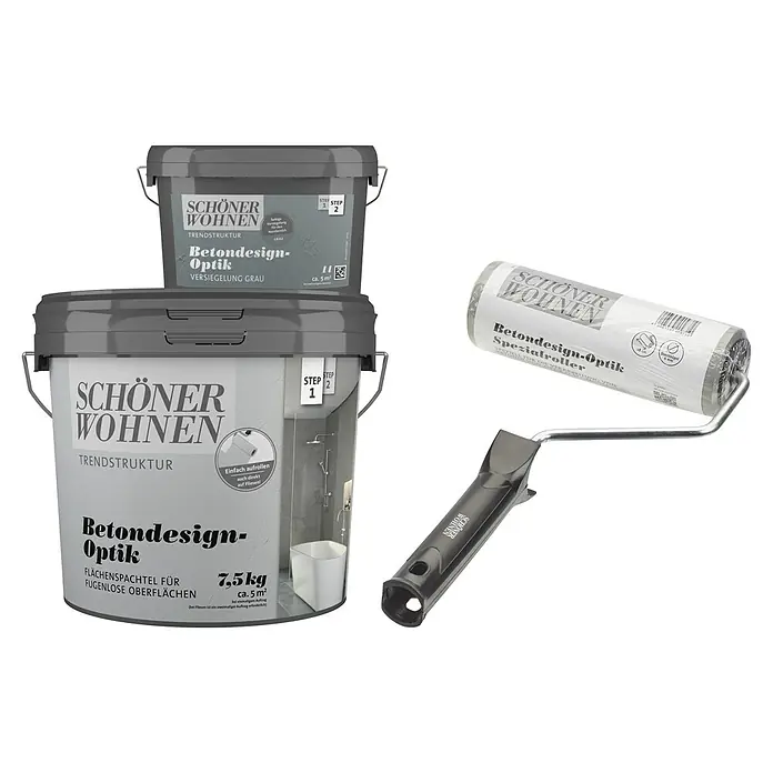 SCHÖNER WOHNEN-Farbe Betondesign-Optik Dekoputz-Set - 3 -tlg., Grau - Produktbild von Schöner Wohnen Betondesign-Optik: Flächenspachtel, Versiegelung Grau und Spezialroller für fugenlose Oberflächen.