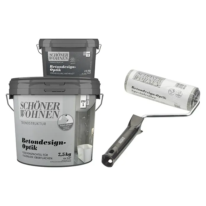 SCHÖNER WOHNEN-Farbe Betondesign-Optik Dekoputz-Set - 3 -tlg., Anthrazit - Produktansicht von Schöner Wohnen: Betonoptik-Farbe, Versiegelung Anthrazit, Spezialroller und Flächenspachtel für fugenlose Oberflächen.