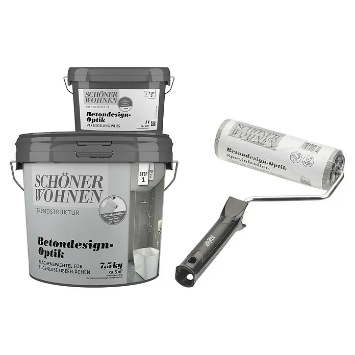 SCHÖNER WOHNEN-Farbe Betondesign-Optik Dekoputz-Set - 3 -tlg., Weiß - Produktfoto von Schöner Wohnen Betonoptik-Produkten: Flächenspachtel, Versiegelung und Spezialroller für fugenlose Oberflächen.