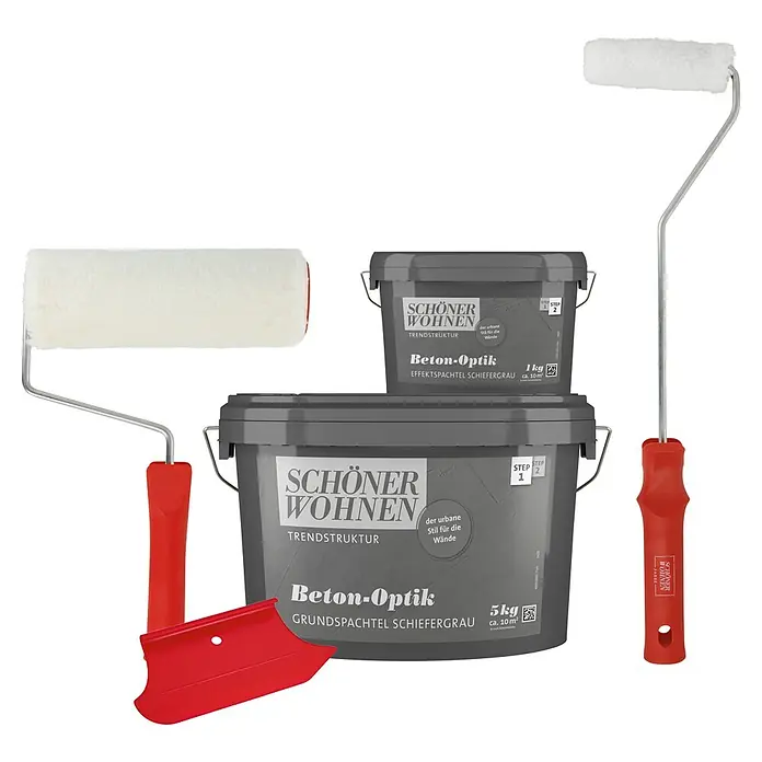 SCHÖNER WOHNEN-Farbe Trendstruktur Dekoputz-Set Beton-Optik - 5 -tlg., Schiefergrau - Schöner Wohnen Beton-Optik: Trendstruktur für urbane Wände. Grundspachtel und Effektspachtel in Schiefergrau, inklusive Farbroller und Werkzeug.